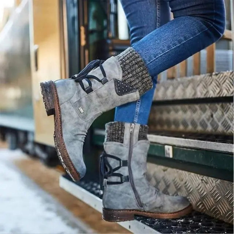 Fiona - Women's Lace-Up Mid-Calf Boots with Knit Cuff and Buckle Strap