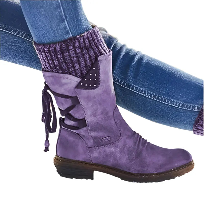 Fiona - Women's Lace-Up Mid-Calf Boots with Knit Cuff and Buckle Strap