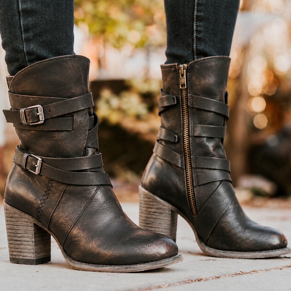 Sophie - Women's Buckle Strap Mid-Calf Boots with Side Zip and Block Heel