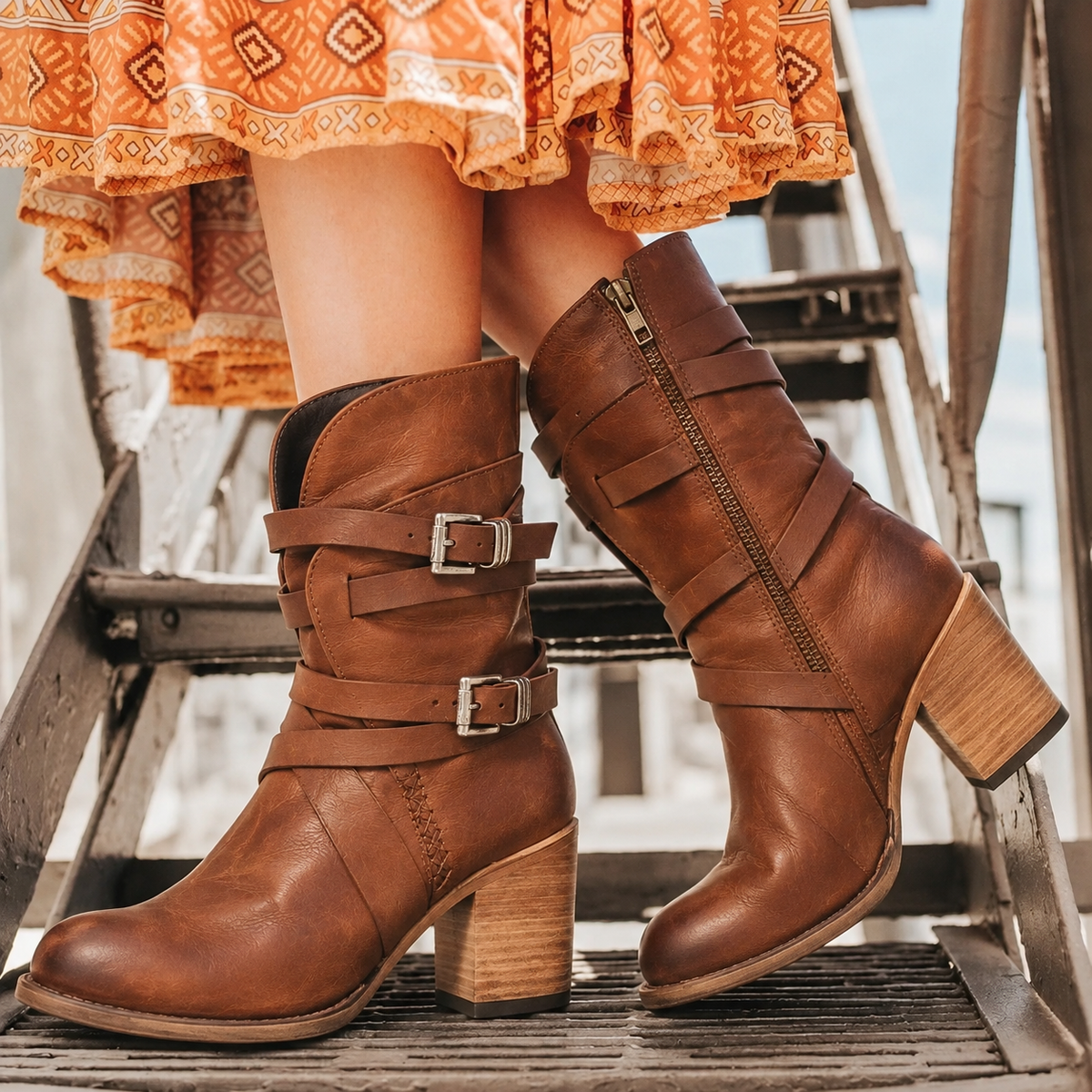 Sophie - Women's Buckle Strap Mid-Calf Boots with Side Zip and Block Heel