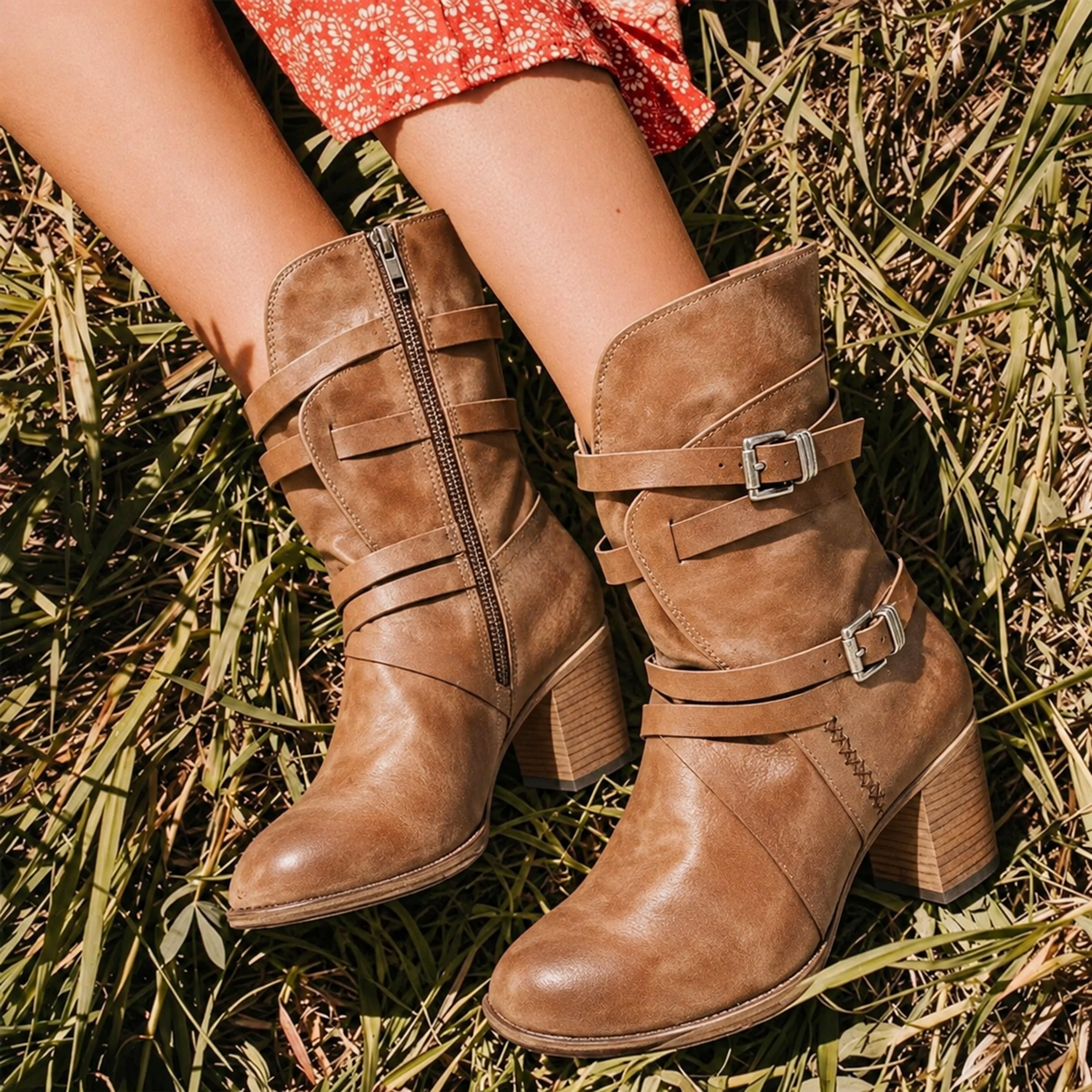 Sophie - Women's Buckle Strap Mid-Calf Boots with Side Zip and Block Heel