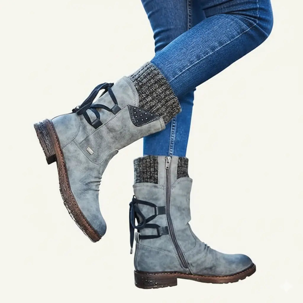 Fiona - Women's Lace-Up Mid-Calf Boots with Knit Cuff and Buckle Strap