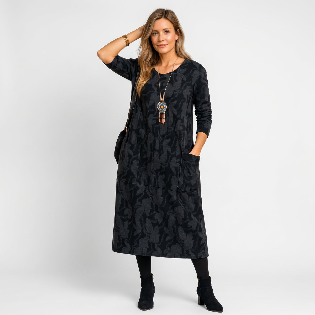 Leah - Women's Long Sleeve Pocket Midi Dress with Leaf Print