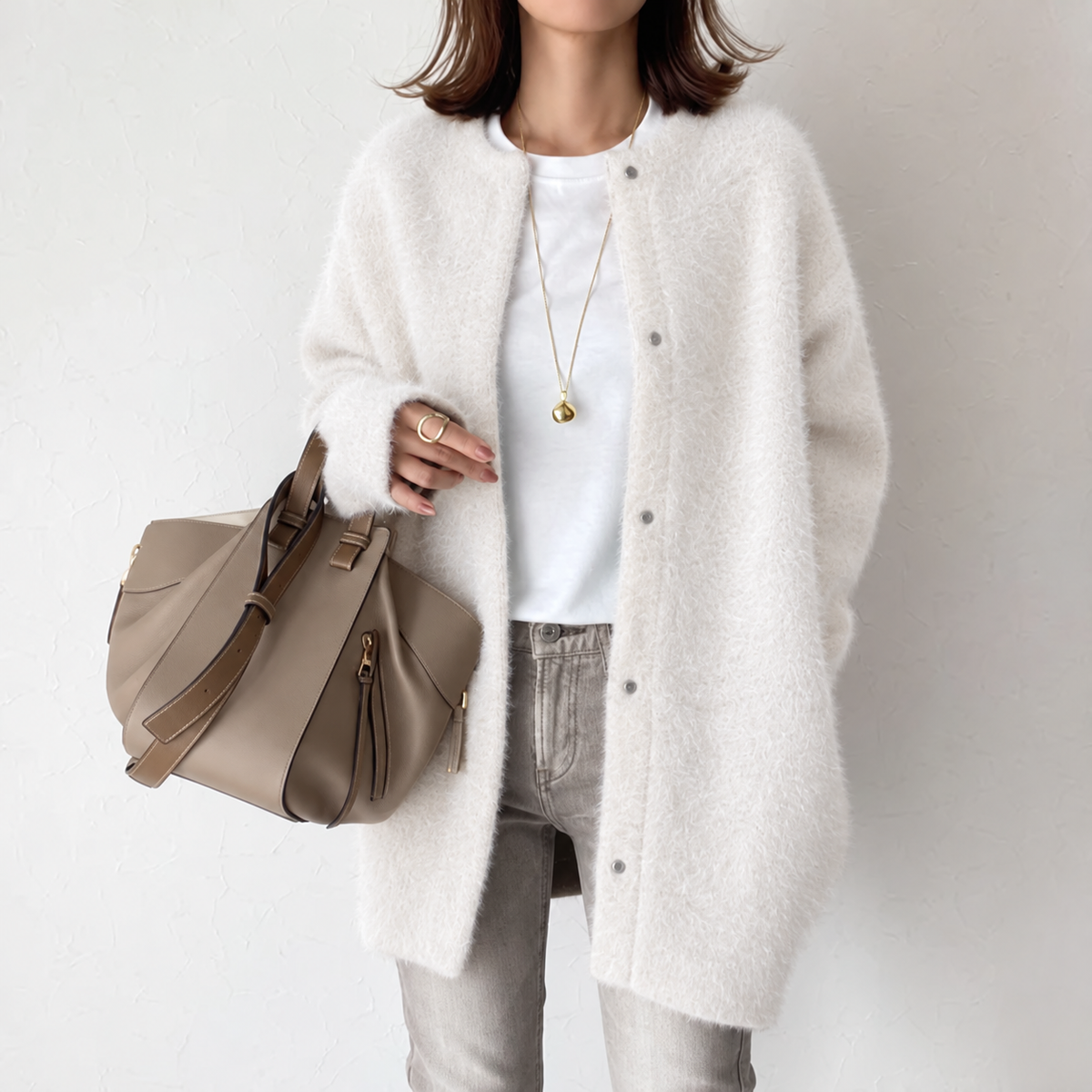 Amelia - Women's Round Neck Snap-Button Longline Oversized Cardigan