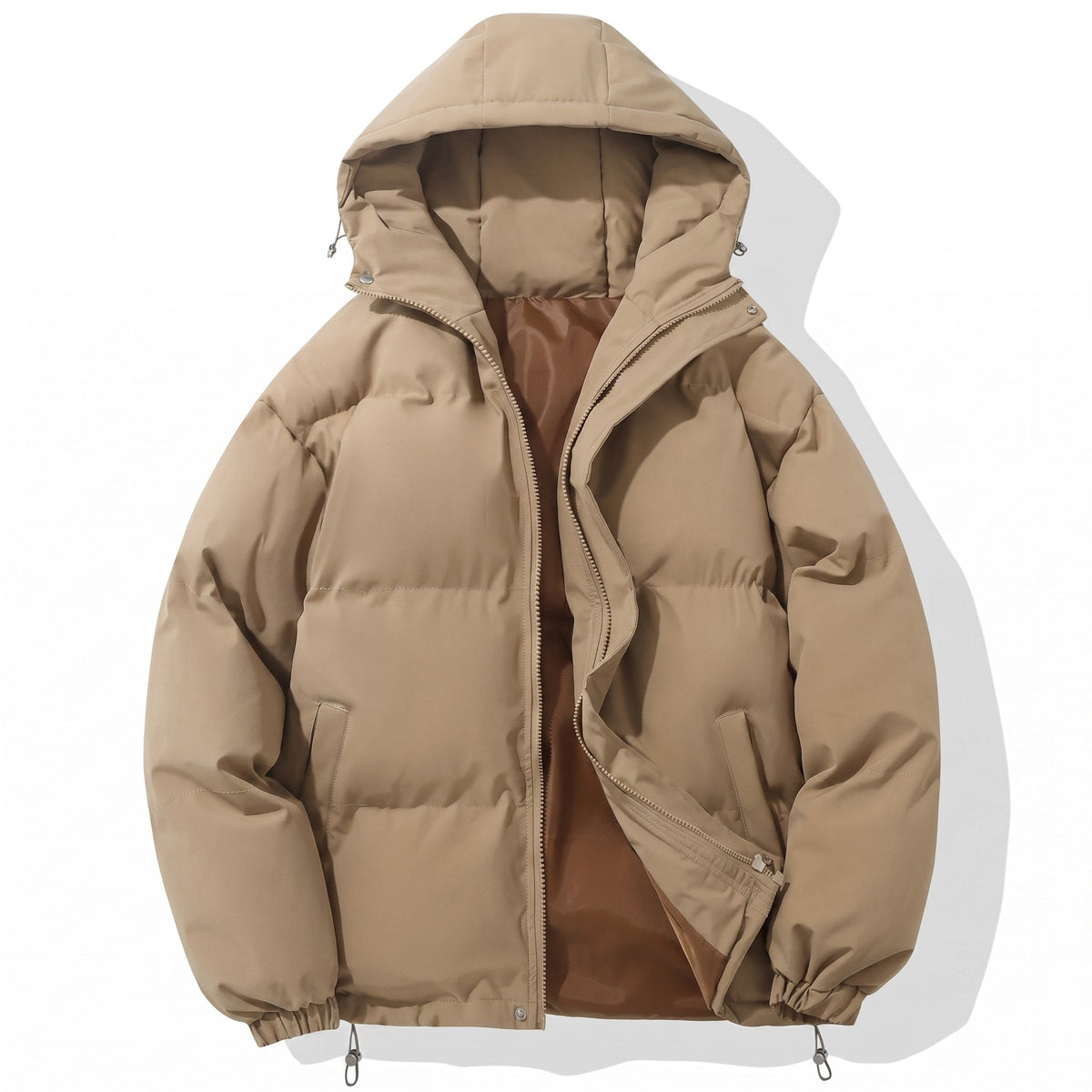 Abram - Men's Hooded Puffer Jacket with Zip Front and Drawstring Hem - Puffer Jacket - Khaki - Parker&Brooks