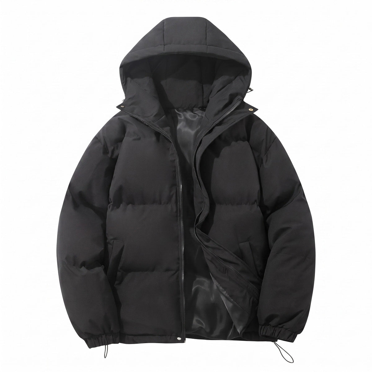 Abram - Men's Hooded Puffer Jacket with Zip Front and Drawstring Hem - Puffer Jacket - Black - Parker&Brooks