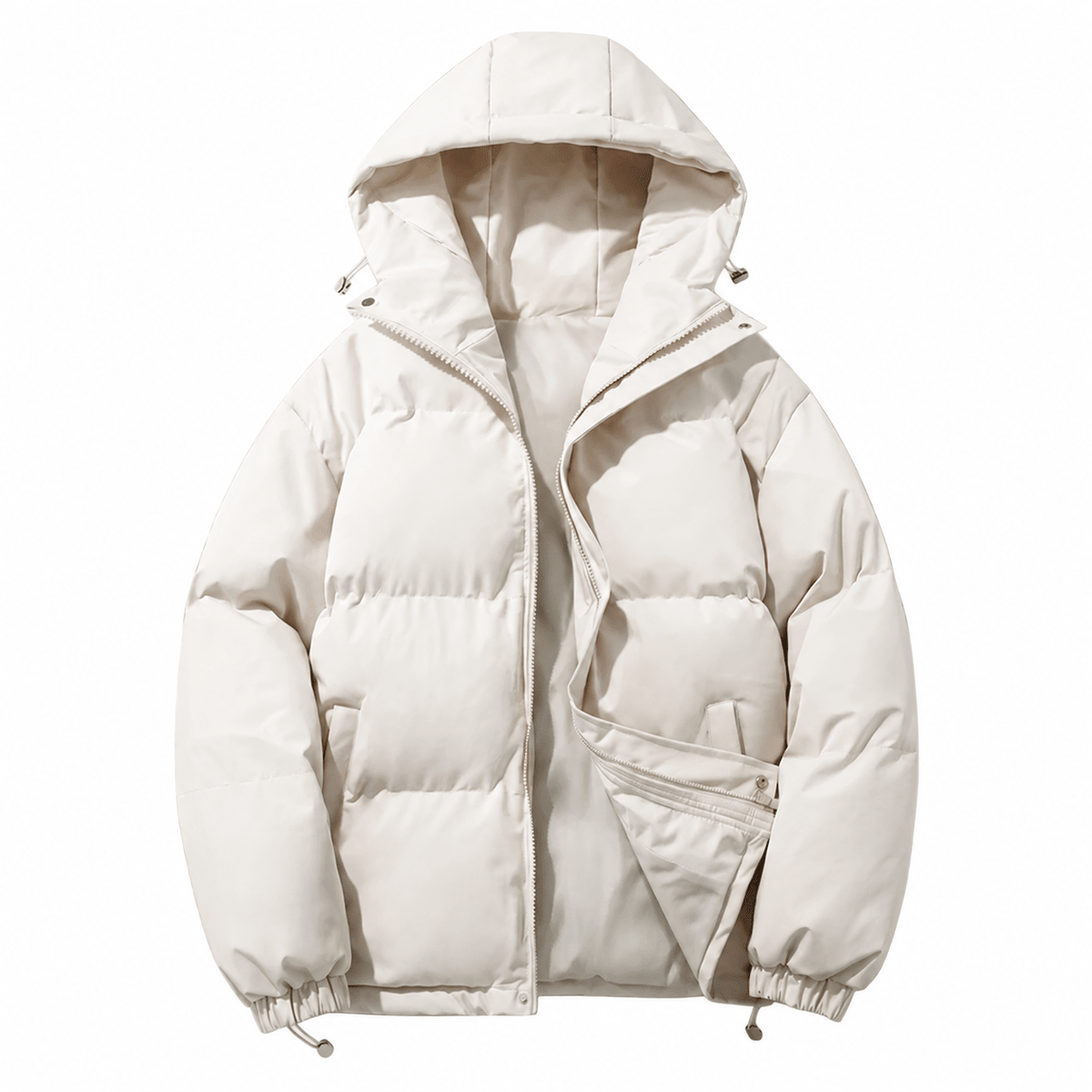 Abram - Men's Hooded Puffer Jacket with Zip Front and Drawstring Hem - Puffer Jacket - White - Parker&Brooks