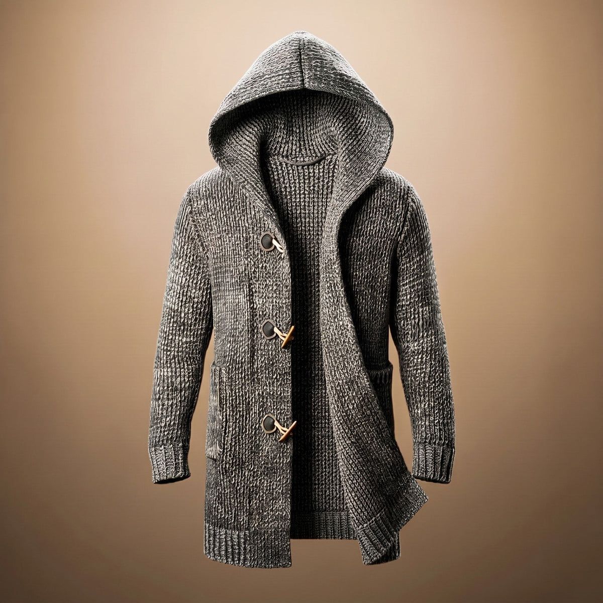 Adrian - Men's Longline Hooded Knit Cardigan with Toggle Buttons - Cardigans - Gray - Parker&Brooks