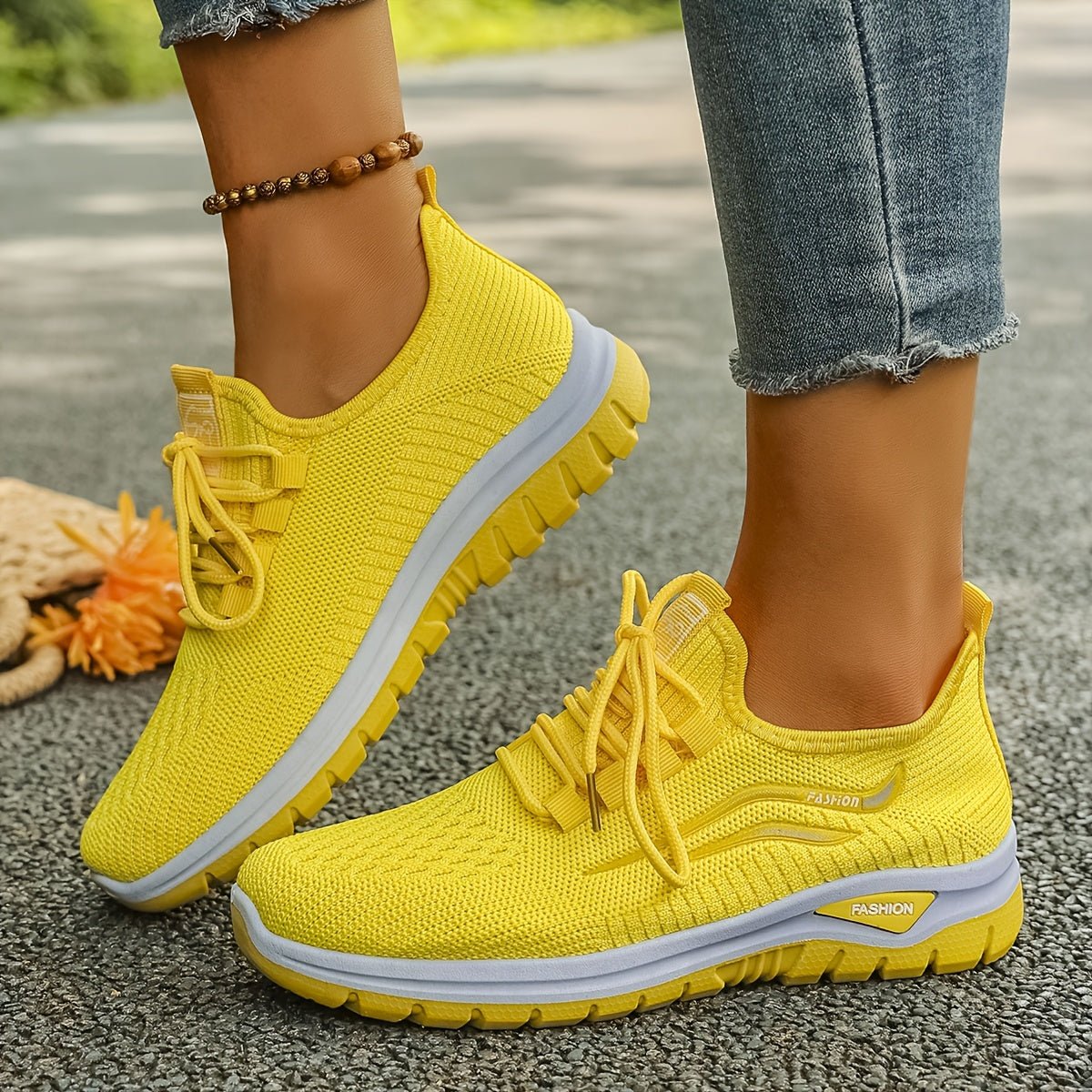 Alice - Women's Orthopedic Lace-Up Sneakers with Cushioned Sole - Sneakers - Yellow - Parker&Brooks