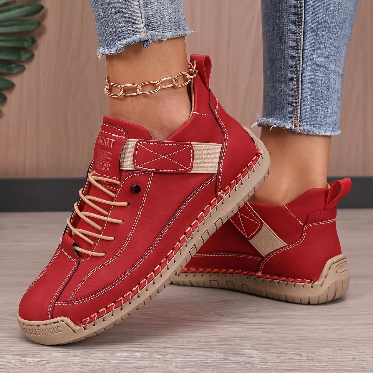 Alice - Women's Orthopedic Lace-Up Sneakers with Stitched Panels - Sneakers - Red - Parker&Brooks