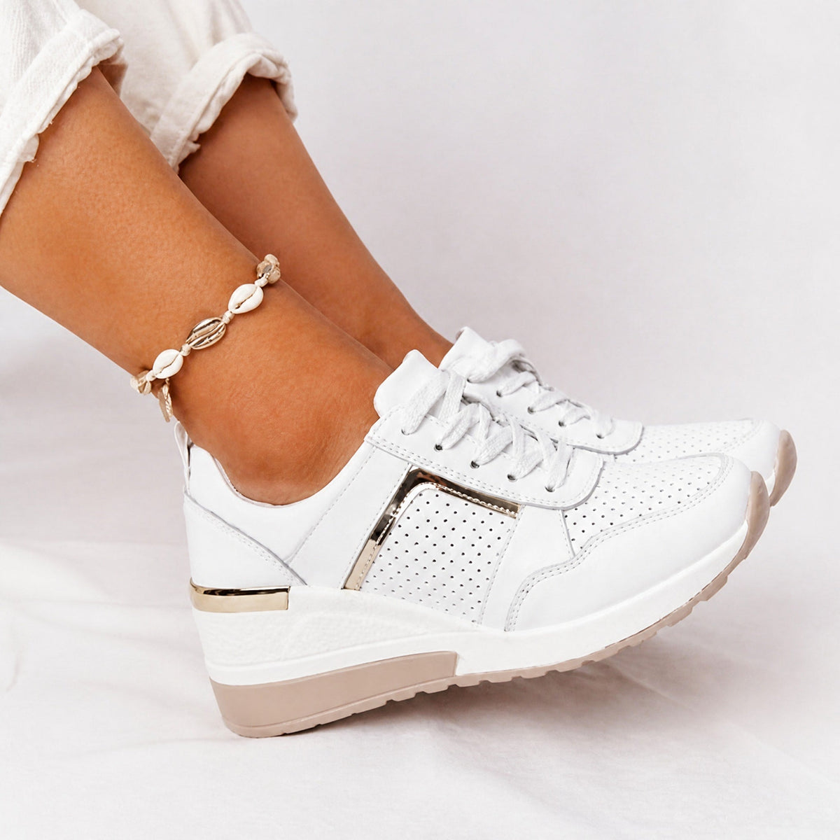 Alice - Women's Orthopedic Wedge Sneakers with Metallic Panel Detail - Sneakers - White - Parker&Brooks