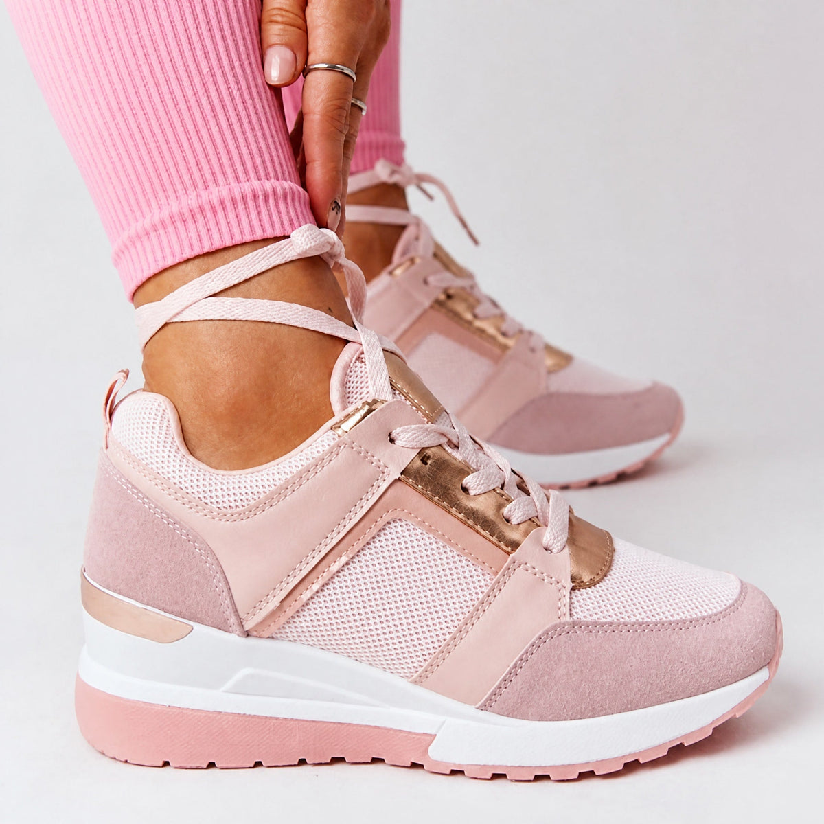 Alice - Women's Orthopedic Wedge Sneakers with Metallic Panel Detail - Sneakers - Pink - Parker&Brooks