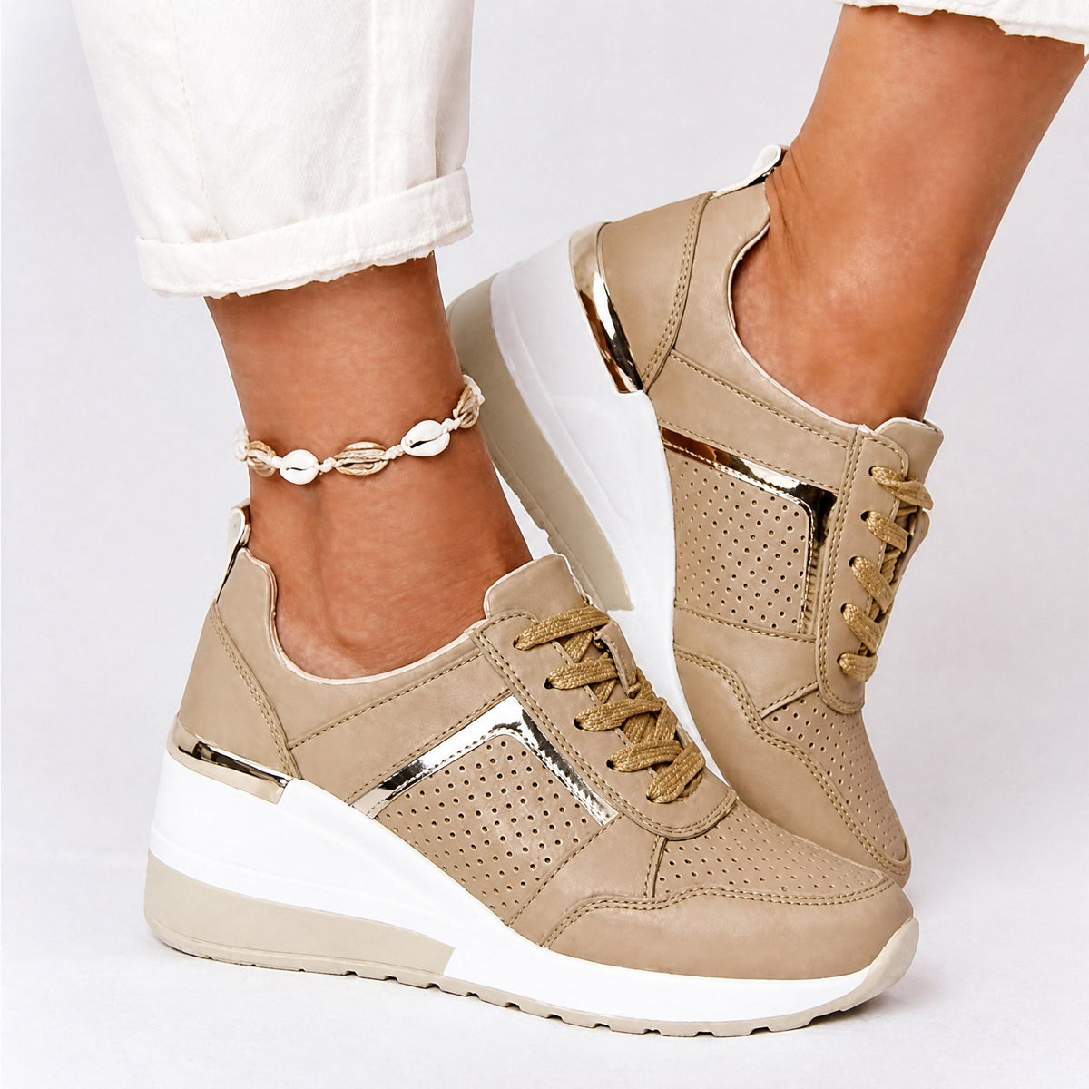 Alice - Women's Orthopedic Wedge Sneakers with Metallic Panel Detail - Sneakers - Khaki - Parker&Brooks