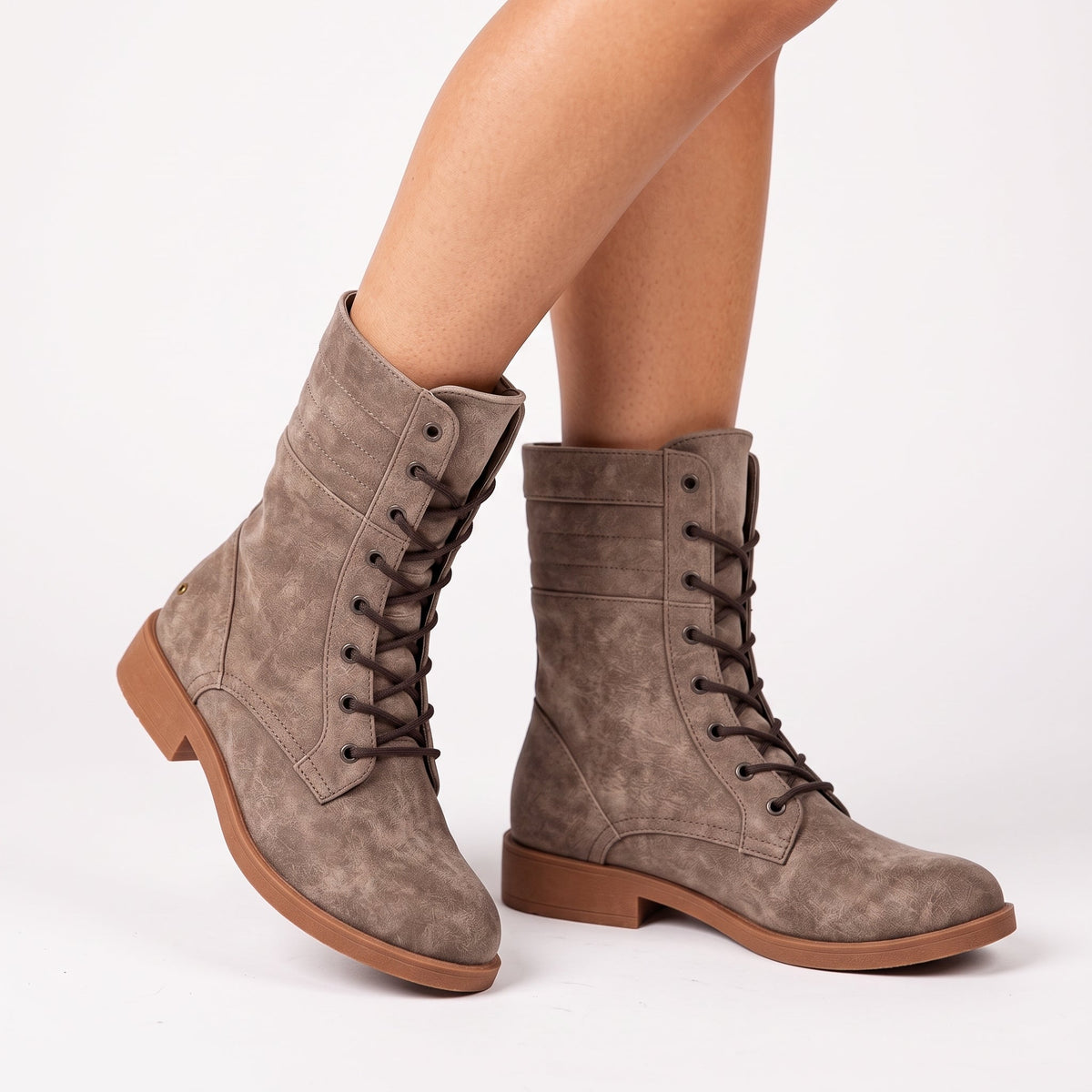 Ambre - Women's Lace-Up Mid-Calf Combat Boots with Fold-Over Cuff - Boots - Taupe - Sarvento