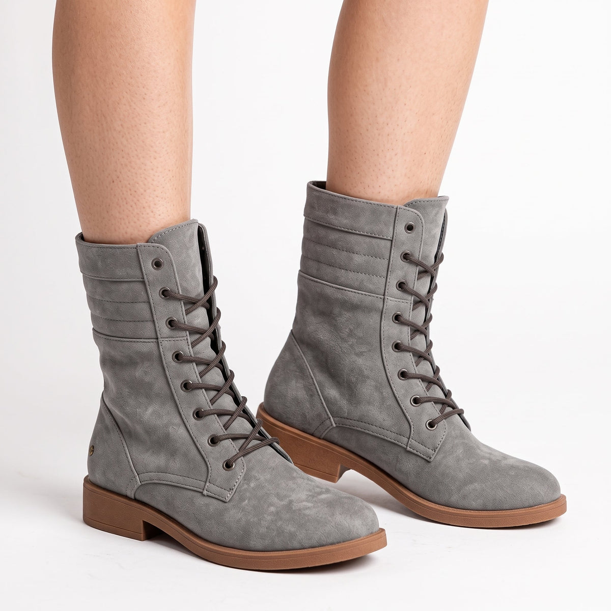 Ambre - Women's Lace-Up Mid-Calf Combat Boots with Fold-Over Cuff - Boots - Gray - Sarvento