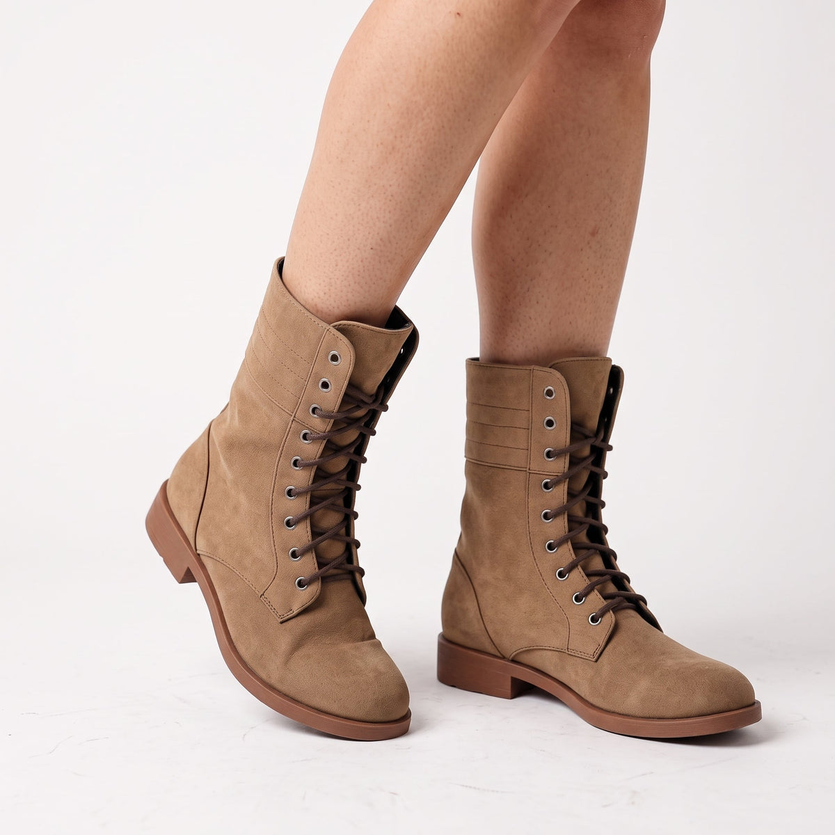 Ambre - Women's Lace-Up Mid-Calf Combat Boots with Fold-Over Cuff - Boots - Tan - Sarvento