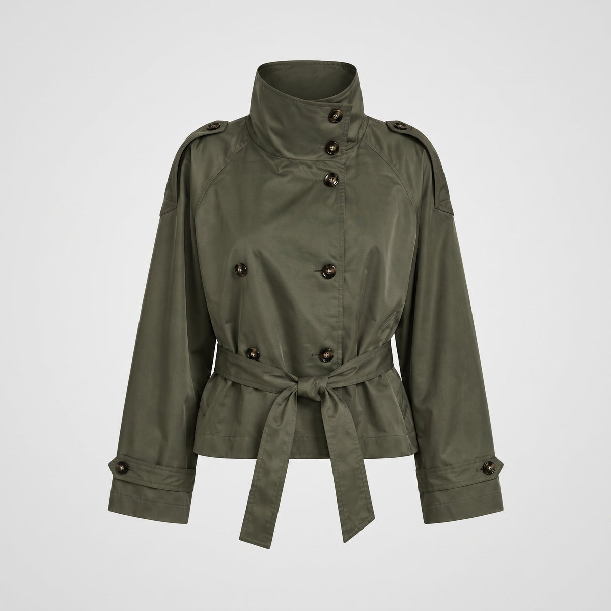 Amelia - Women's Double-Breasted Cropped Trench Jacket with Stand Collar - Trench Coats - Green - Parker&Brooks