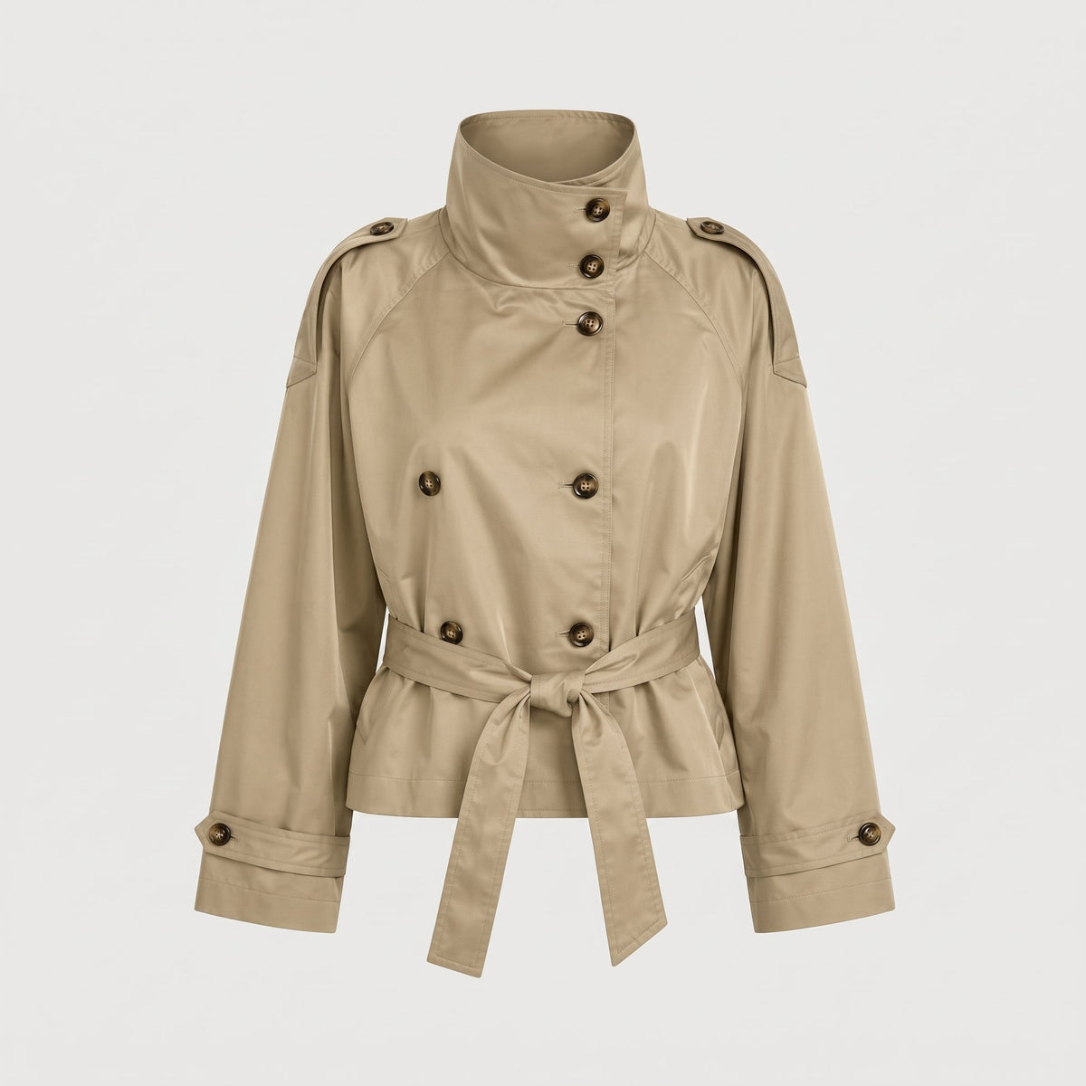 Amelia - Women's Double-Breasted Cropped Trench Jacket with Stand Collar - Trench Coats - Beige - Parker&Brooks