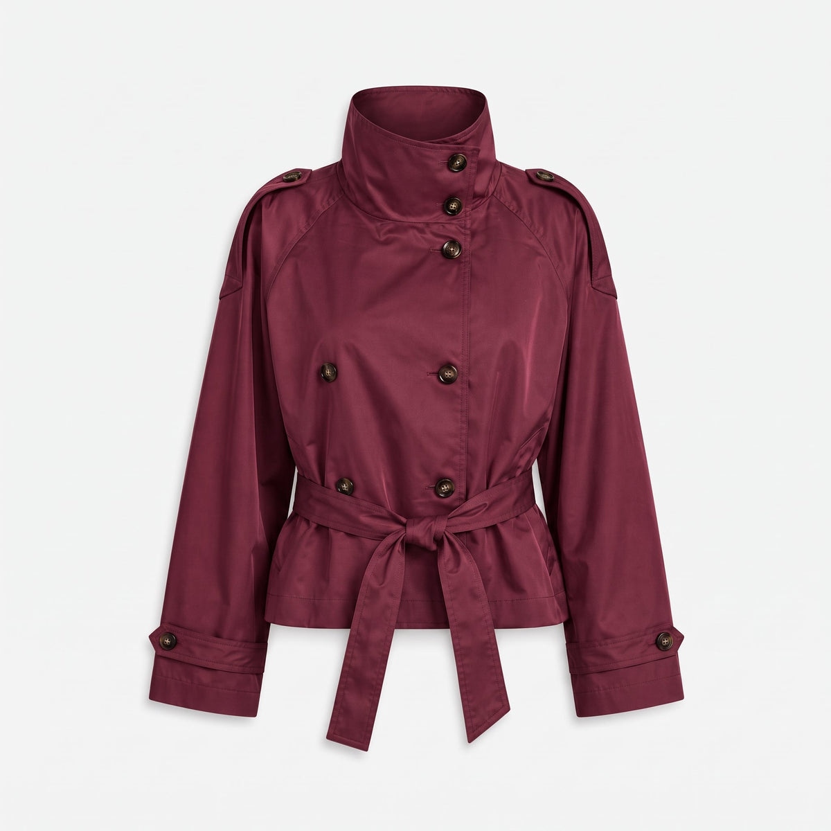 Amelia - Women's Double-Breasted Cropped Trench Jacket with Stand Collar - Trench Coats - Burgundy - Parker&Brooks