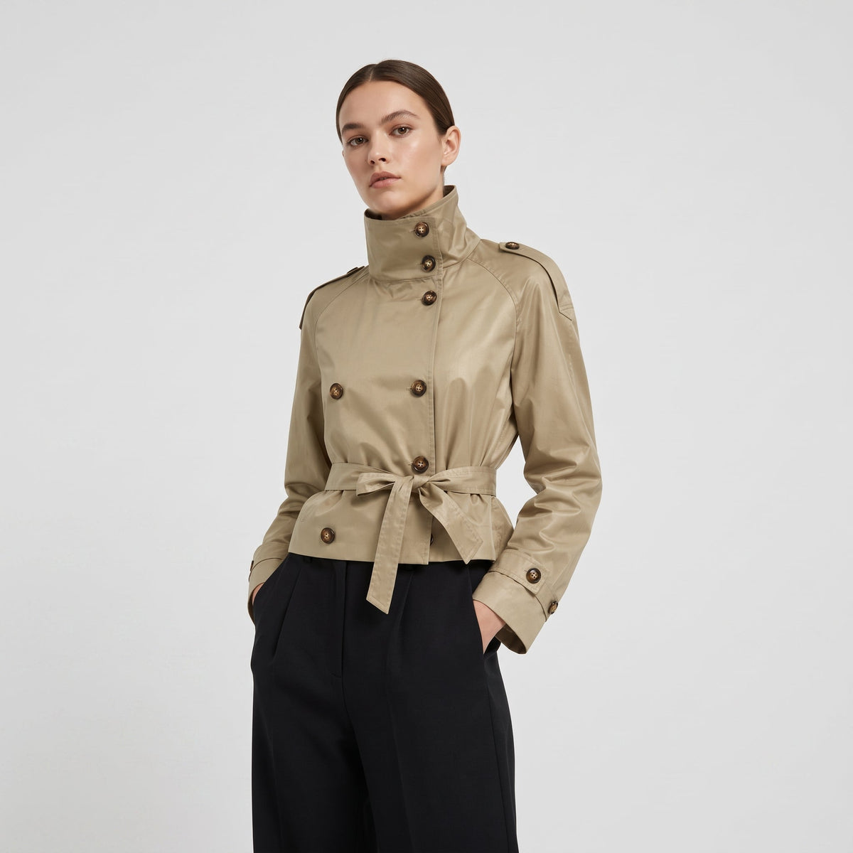 Amelia - Women's Double-Breasted Cropped Trench Jacket with Stand Collar - Trench Coats - Beige - Parker&Brooks