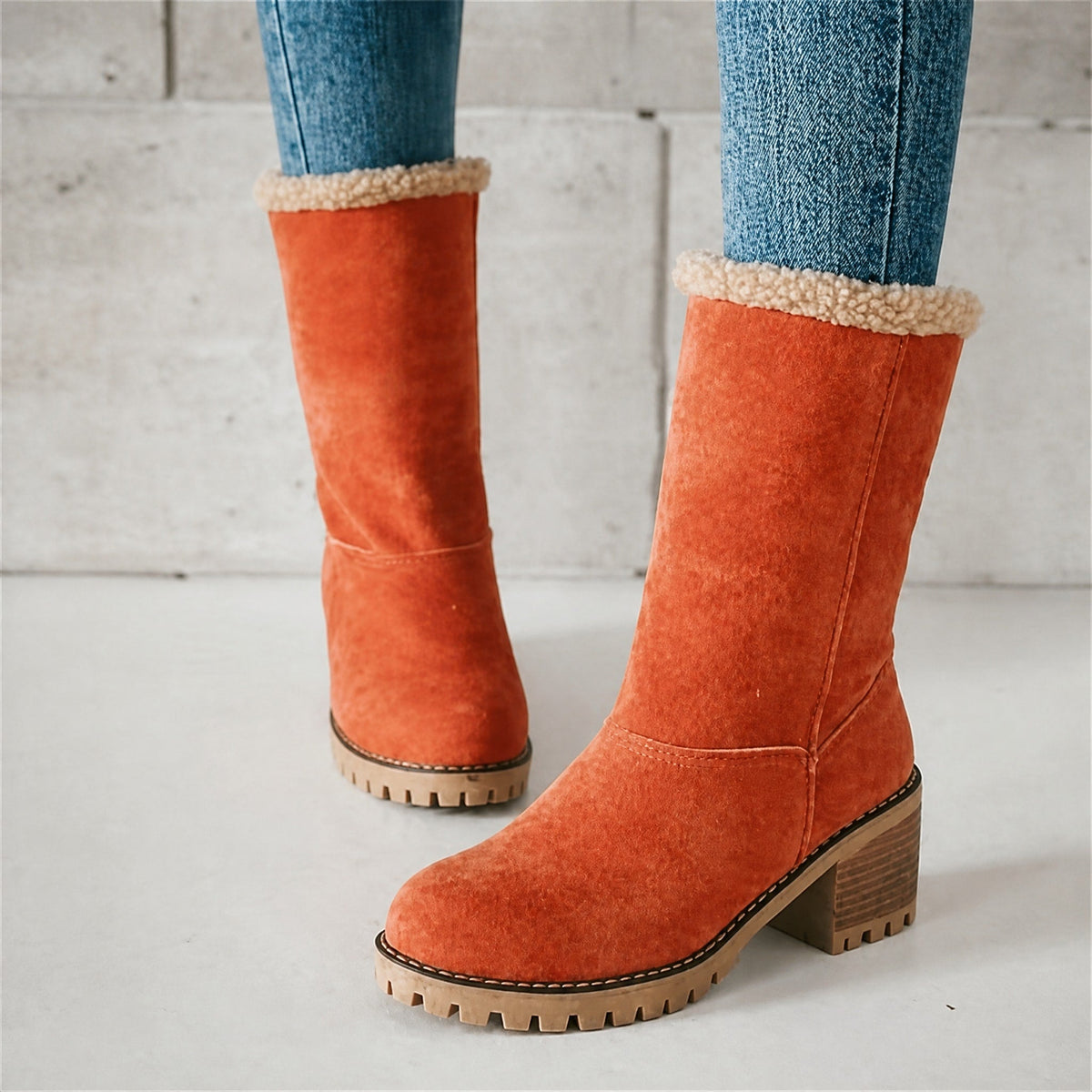 Amelia - Women's Fur-Lined Mid-Calf Snow Boots with Block Heel - Boots - Orange - Sarvento