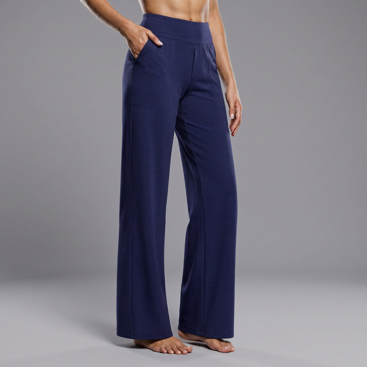 Amelia - Women's High-Waisted Wide-Leg Trousers with Pockets - Trousers - Blue - Parker&Brooks