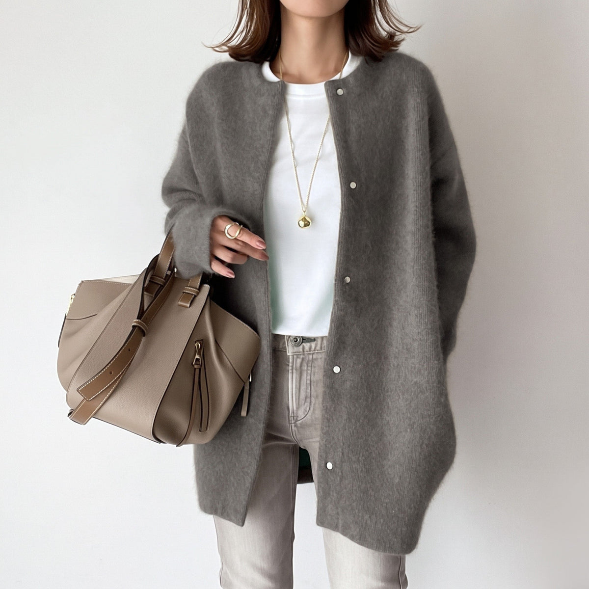 Amelia - Women's Round Neck Snap-Button Longline Oversized Cardigan - Cardigans - Gray - Sarvento