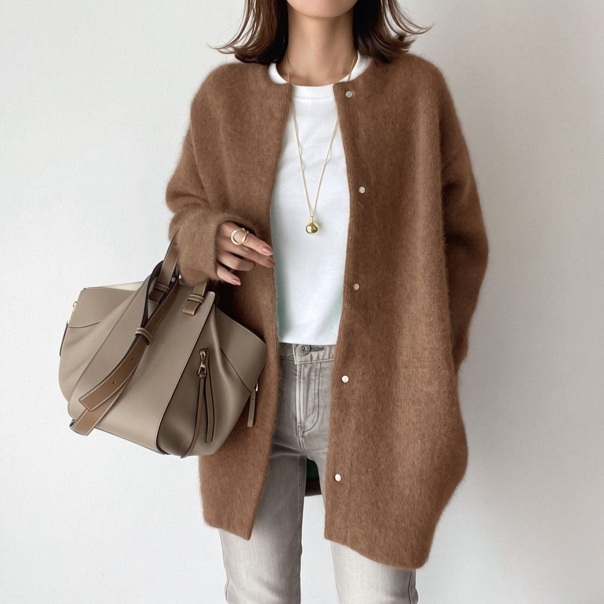 Amelia - Women's Round Neck Snap-Button Longline Oversized Cardigan - Cardigans - Khaki - Sarvento