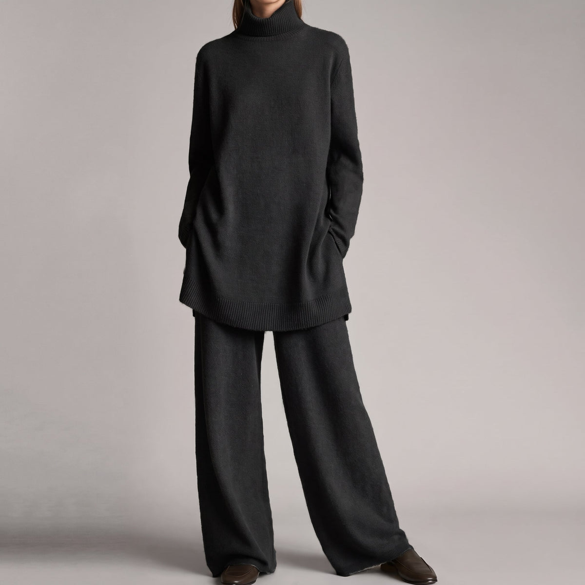 Amelia – Women’s Turtleneck Sweater and Wide-Leg Pants Set - Outfit Sets - Black - Sarvento