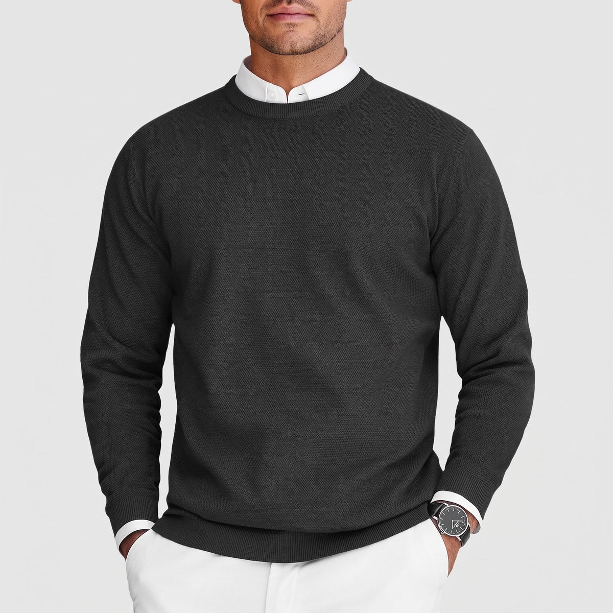 Arthur - Men's Relaxed Fit Crew Neck Sweater with Ribbed Trim - Sweaters - Black - Sarvento
