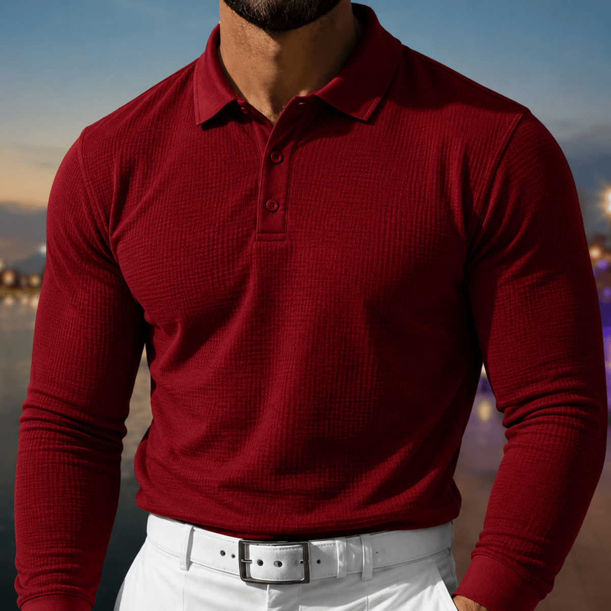 Arthur - Men's Slim Fit Textured Long Sleeve Polo Shirt - Polos - Red - Parker&Brooks