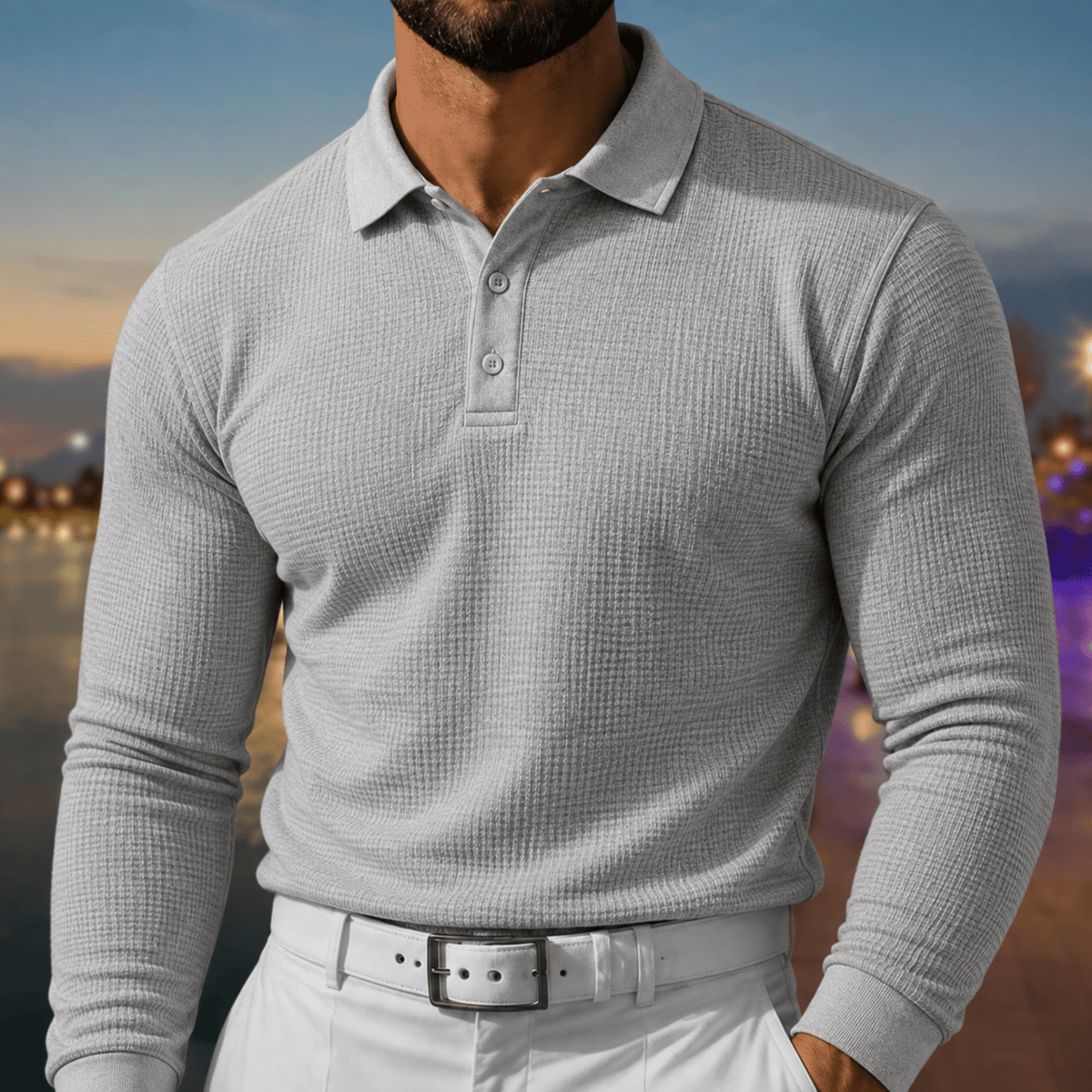 Arthur - Men's Slim Fit Textured Long Sleeve Polo Shirt - Polos - Gray - Parker&Brooks