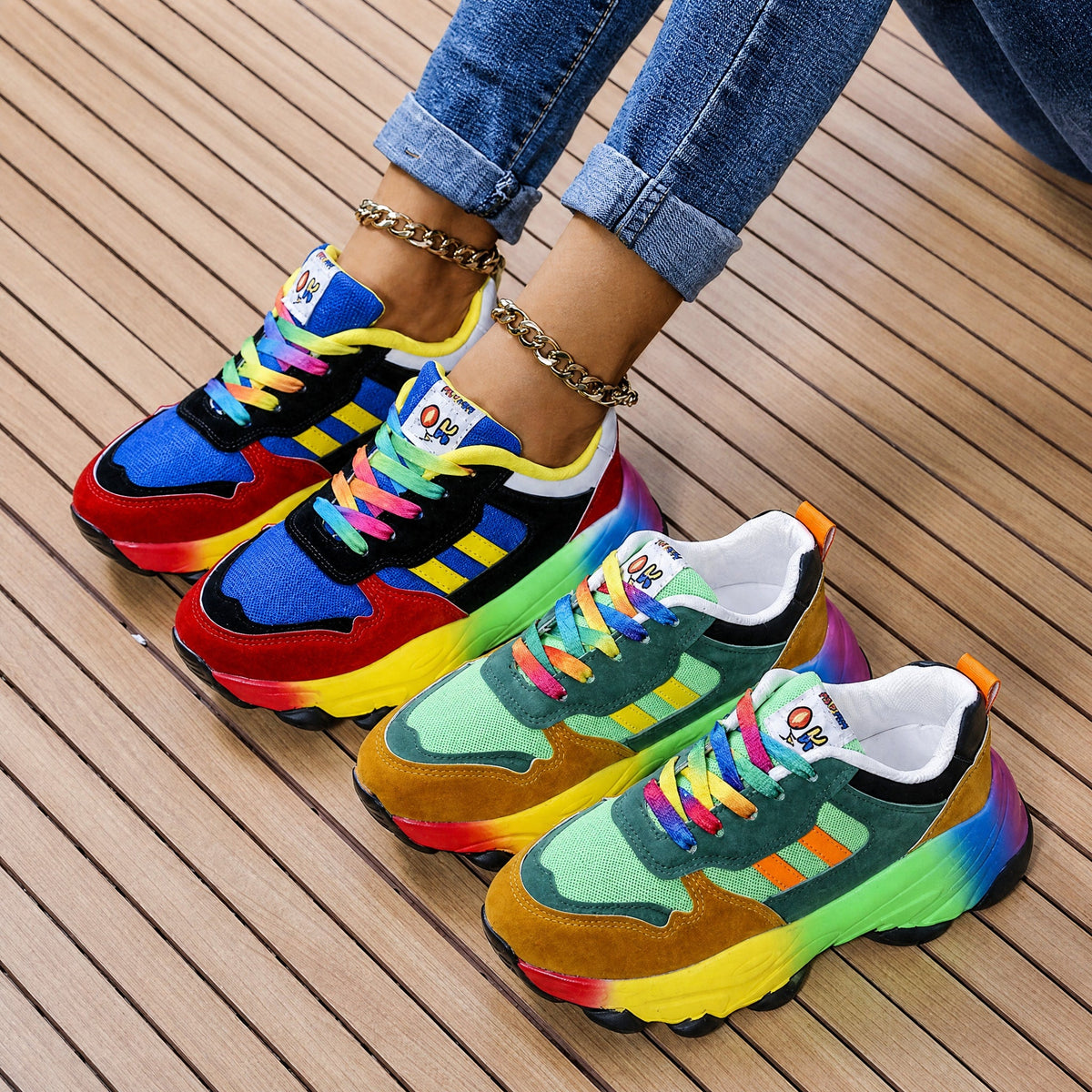 Ava - Women's Orthopedic Rainbow Multicolor Chunky Sneakers - Sneakers - Green - Parker&Brooks