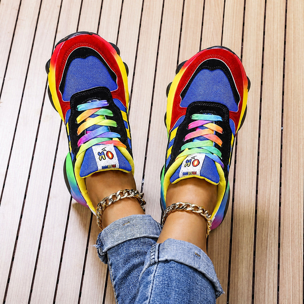 Ava - Women's Orthopedic Rainbow Multicolor Chunky Sneakers - Sneakers - Black - Parker&Brooks