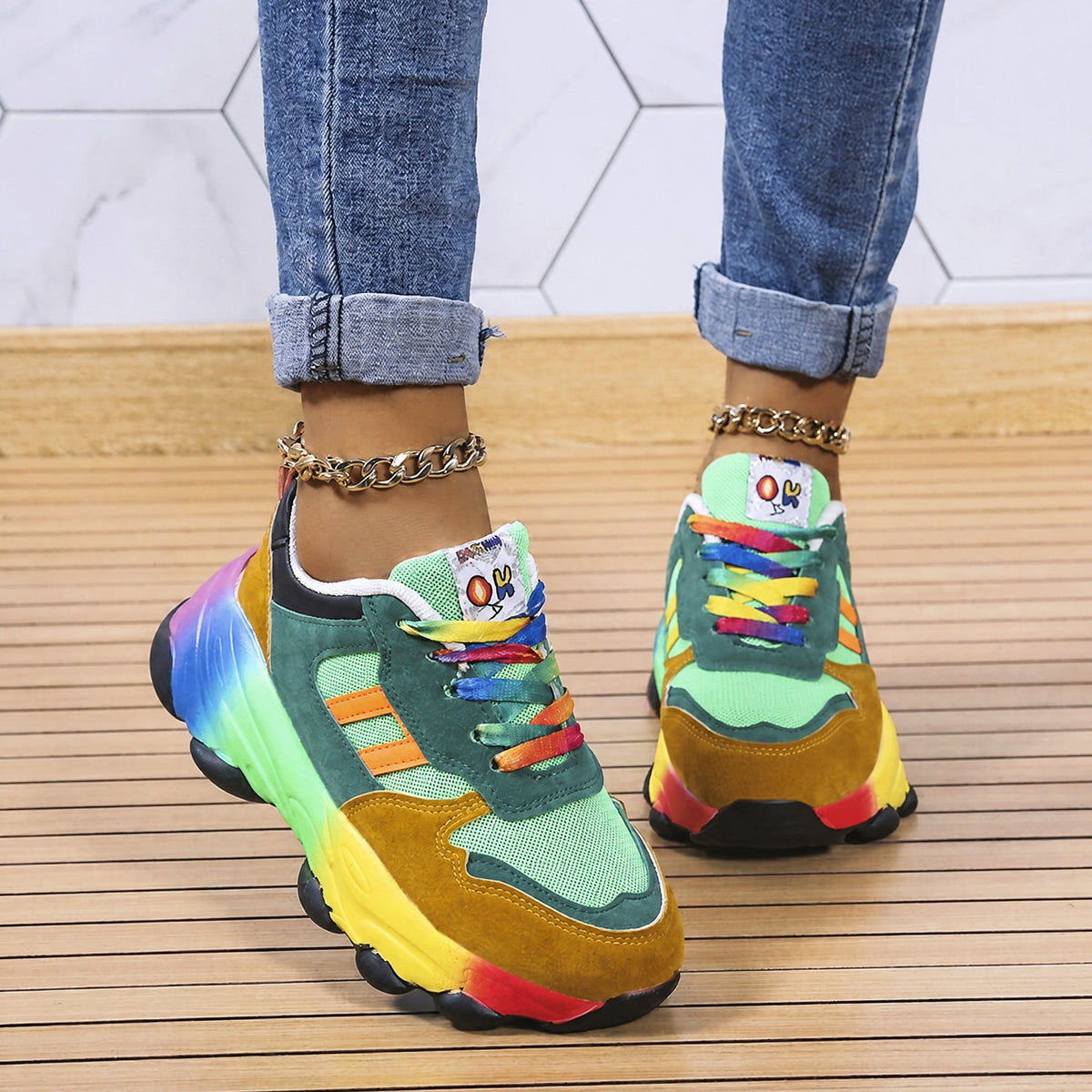 Ava - Women's Orthopedic Rainbow Multicolor Chunky Sneakers - Sneakers - Green - Parker&Brooks