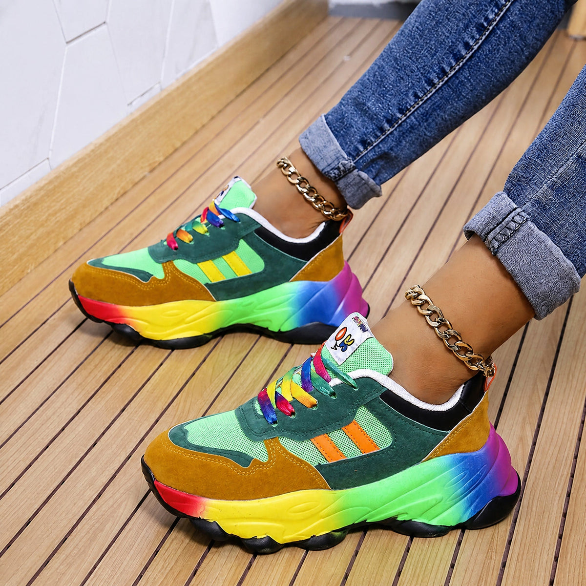 Ava - Women's Orthopedic Rainbow Multicolor Chunky Sneakers - Sneakers - Green - Parker&Brooks