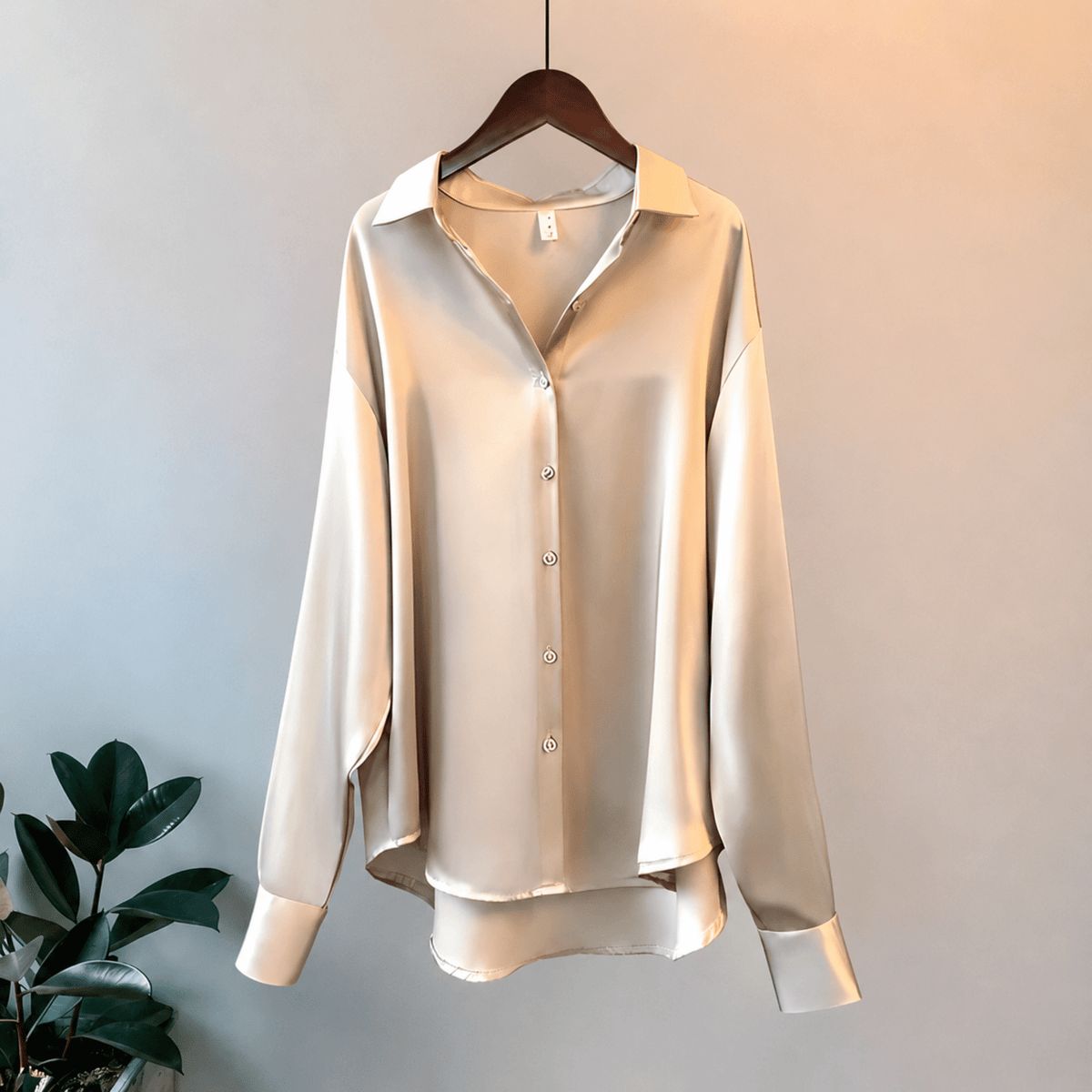 Avery - Women's Oversized Satin-Look Blouse with Point Collar - Blouses - Champagne - Parker&Brooks