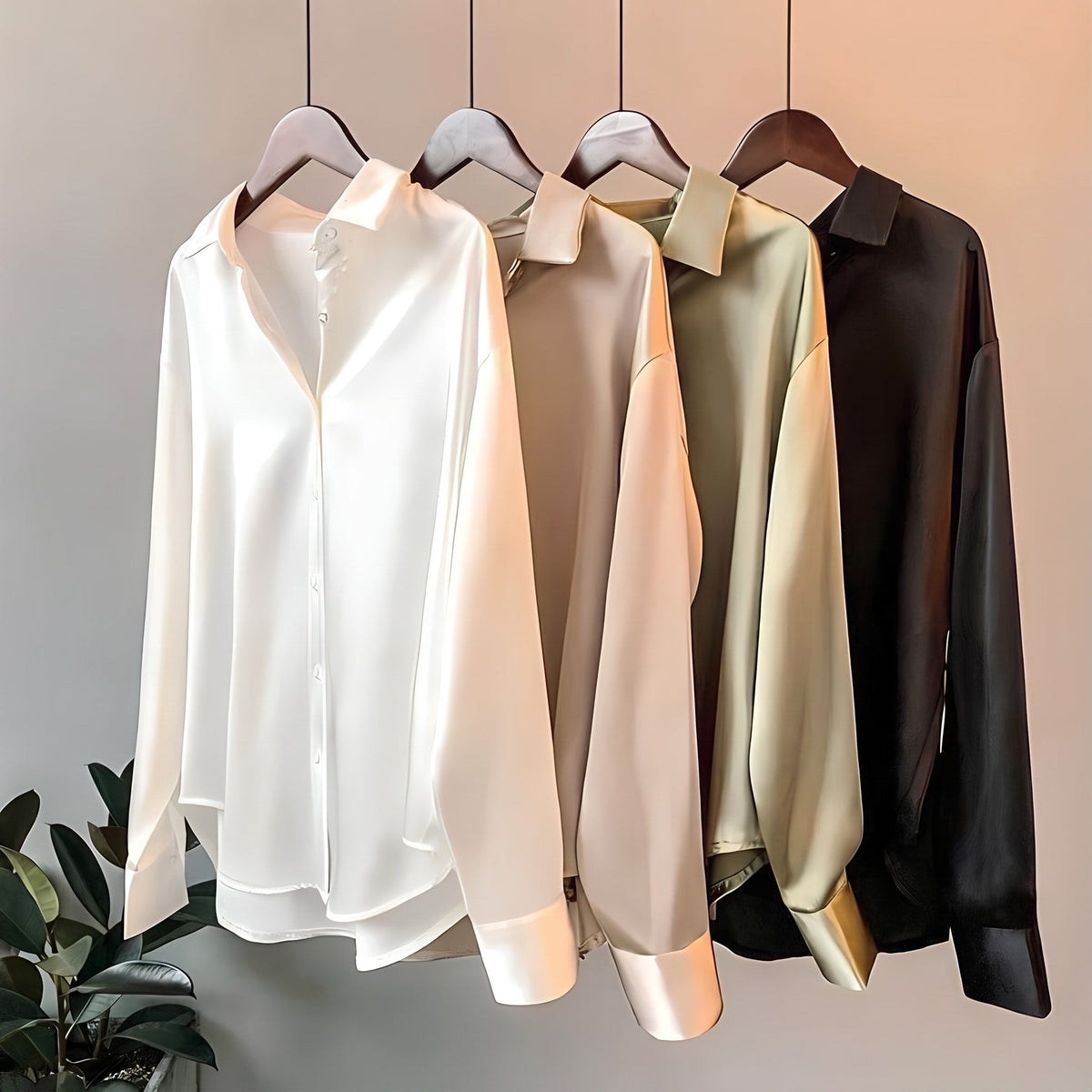 Avery - Women's Oversized Satin-Look Blouse with Point Collar - Blouses - Champagne - Parker&Brooks