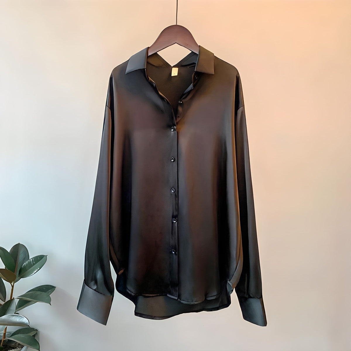 Avery - Women's Oversized Satin-Look Blouse with Point Collar - Blouses - Black - Parker&Brooks