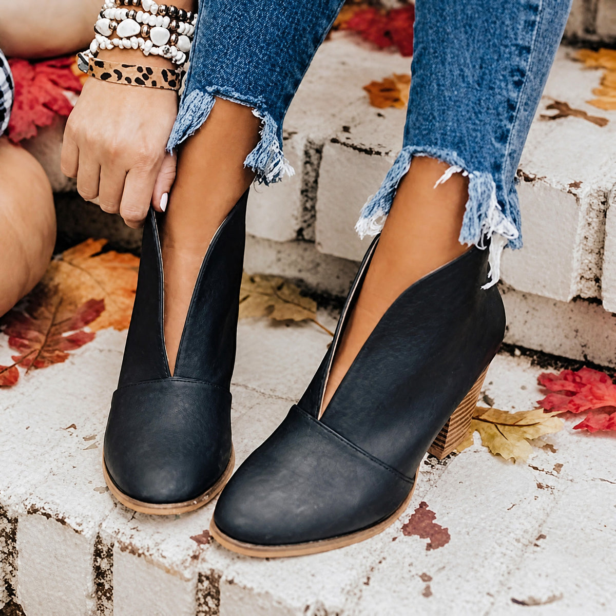 Sophie - Women's Almond Toe Ankle Boots with V-Cut Design and Block Heel
