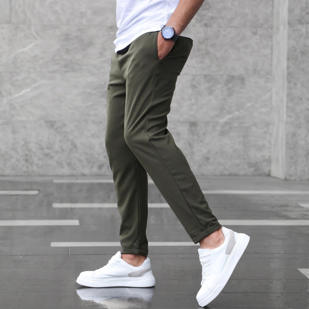 Benedict - Men's Slim Fit Jogger Trousers with Drawstring Waist - Joggers - Army Green - Parker&Brooks
