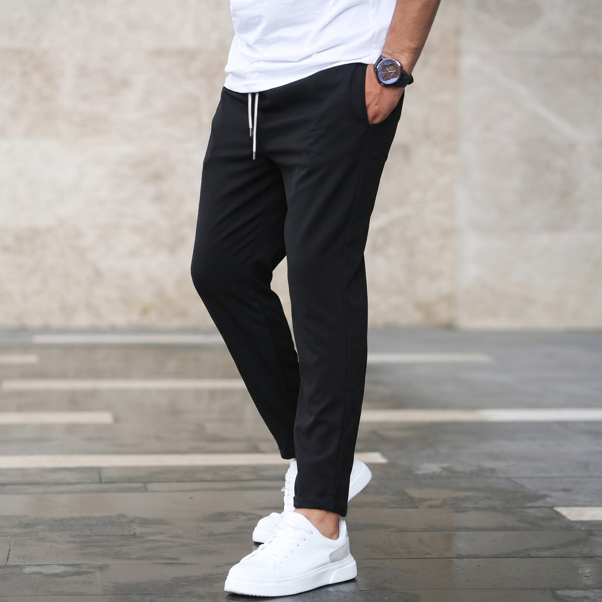 Benedict - Men's Slim Fit Jogger Trousers with Drawstring Waist - Joggers - Black - Parker&Brooks