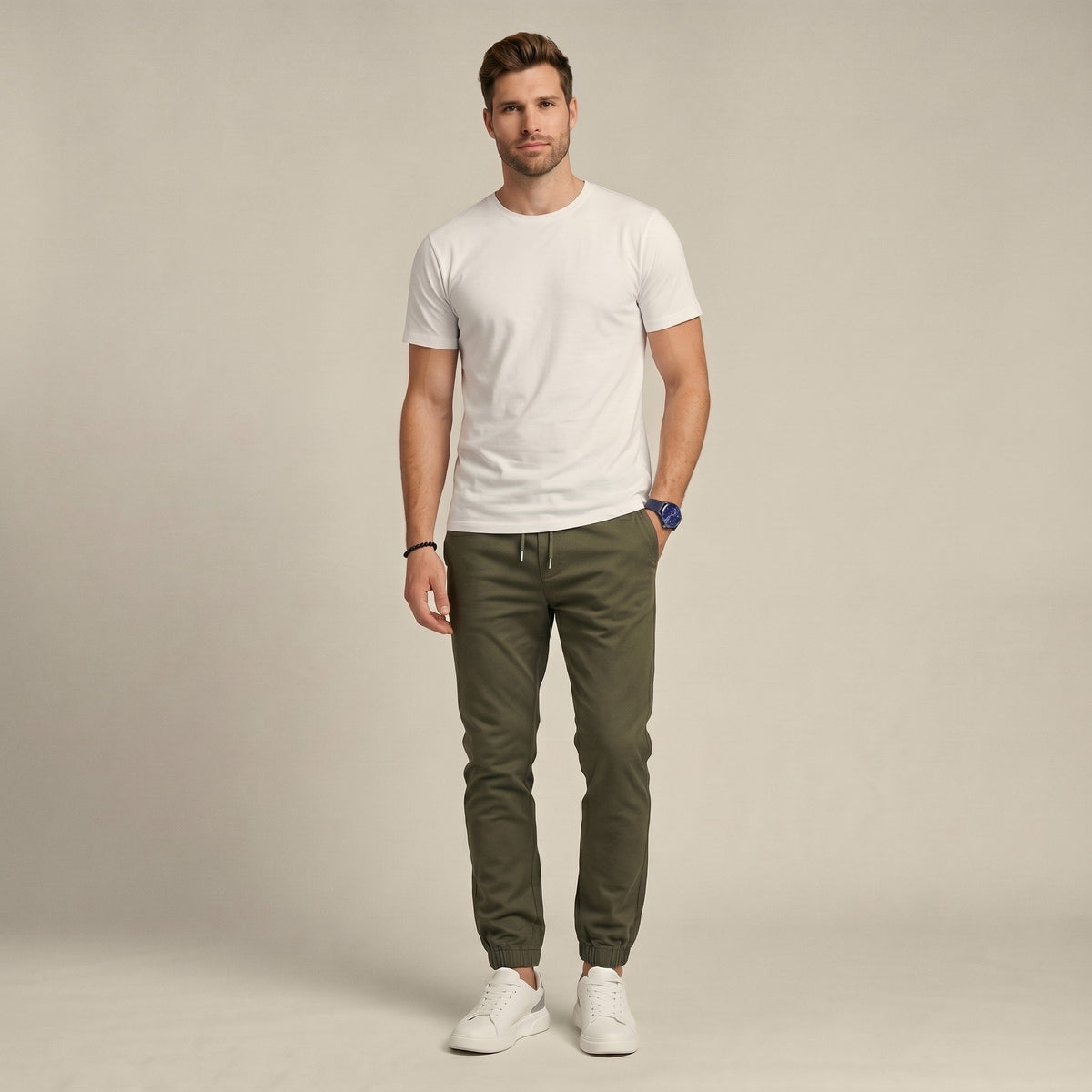 Benedict - Men's Slim Fit Jogger Trousers with Drawstring Waist - Joggers - Army Green - Parker&Brooks