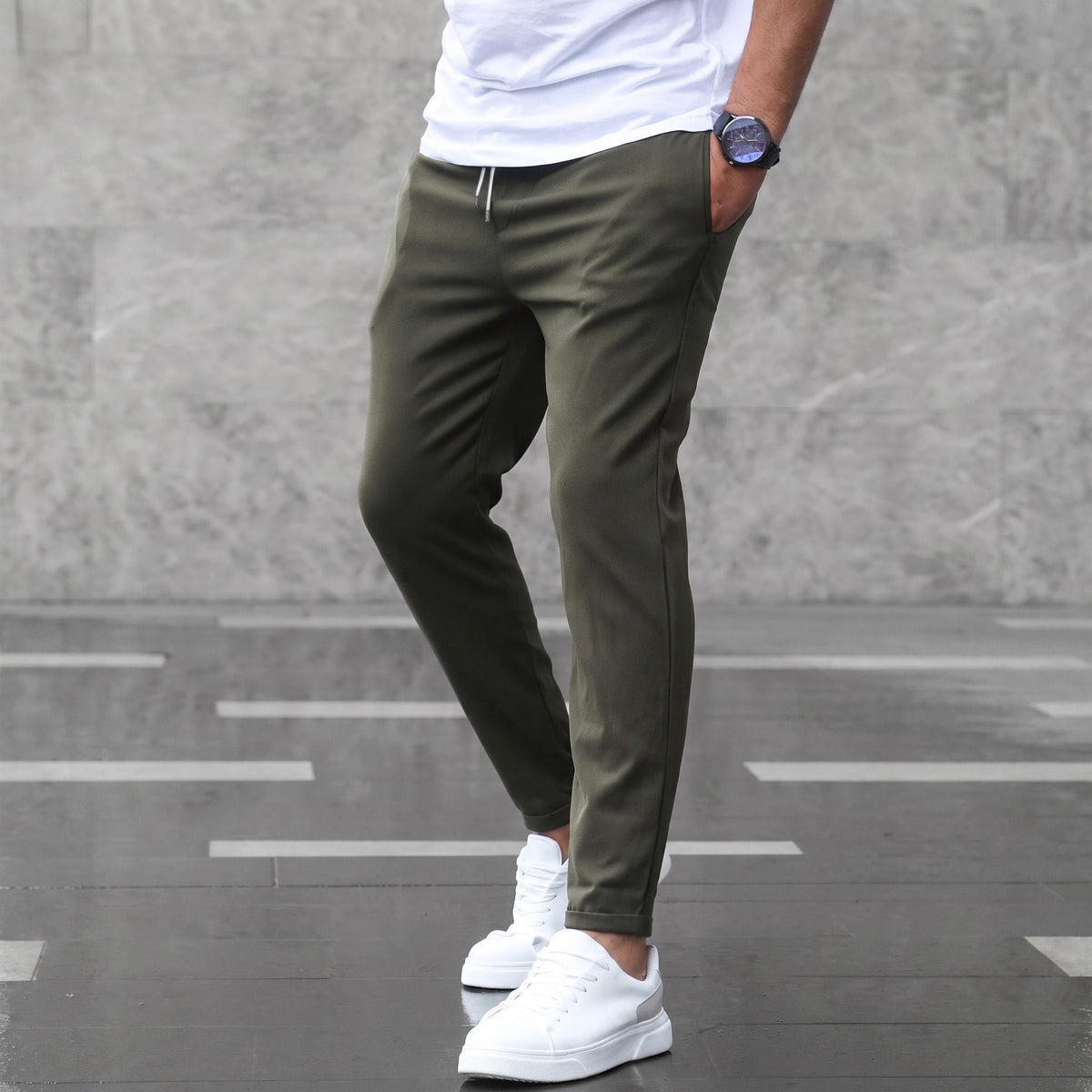 Benedict - Men's Slim Fit Jogger Trousers with Drawstring Waist - Joggers - Army Green - Parker&Brooks