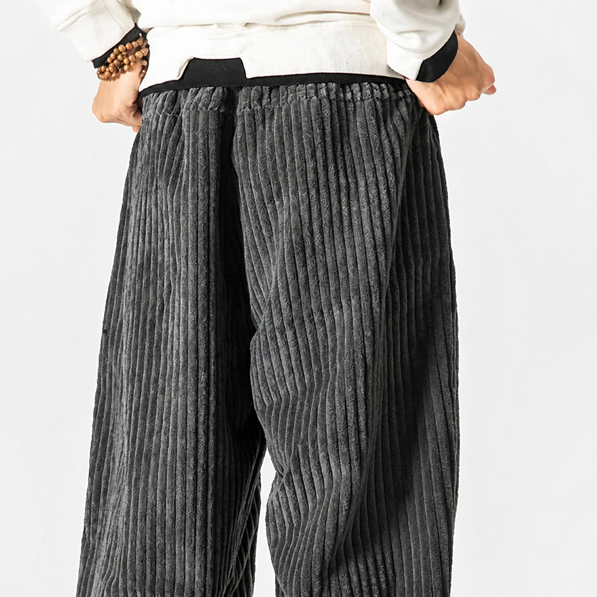 Charlie - Men's Corduroy Wide-Leg Harem Pants with Drawstring Waist - Trousers - Gray - Parker&Brooks