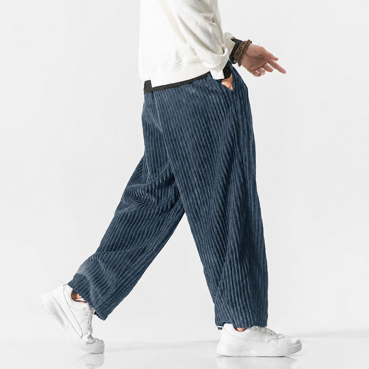 Charlie - Men's Corduroy Wide-Leg Harem Pants with Drawstring Waist - Trousers - Dark Blue - Parker&Brooks
