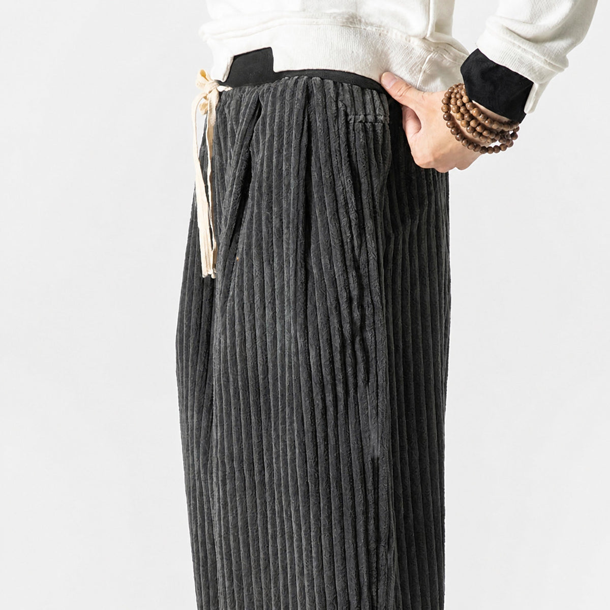 Charlie - Men's Corduroy Wide-Leg Harem Pants with Drawstring Waist - Trousers - Gray - Parker&Brooks