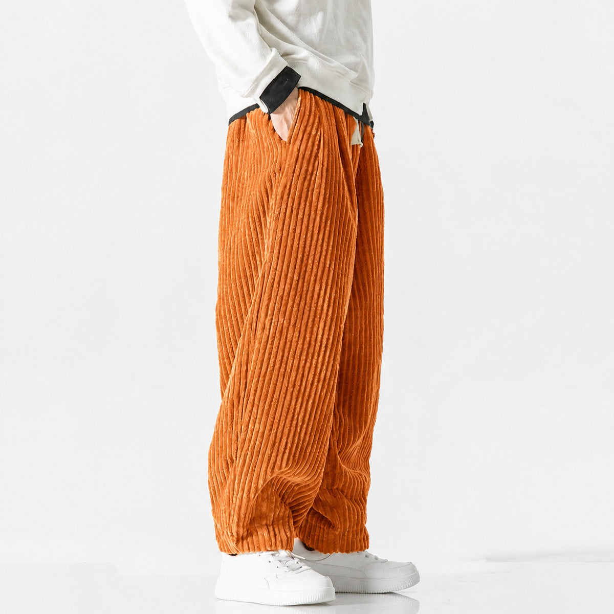 Charlie - Men's Corduroy Wide-Leg Harem Pants with Drawstring Waist - Trousers - Orange - Parker&Brooks