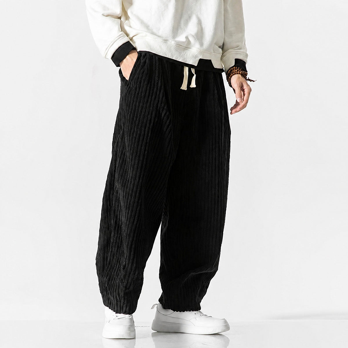 Charlie - Men's Corduroy Wide-Leg Harem Pants with Drawstring Waist - Trousers - Black - Parker&Brooks
