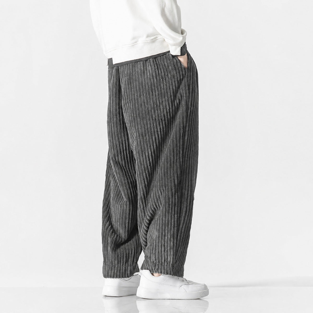 Charlie - Men's Corduroy Wide-Leg Harem Pants with Drawstring Waist - Trousers - Gray - Parker&Brooks